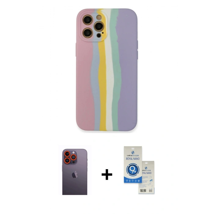 MARSİLYAN™- iPhone 12 Pro Max Kılıf Yadigar Çizgi - Şeffaf Royal Nano Ekran Koruyucu + Neon Fosforlu Kamera Lens - TU