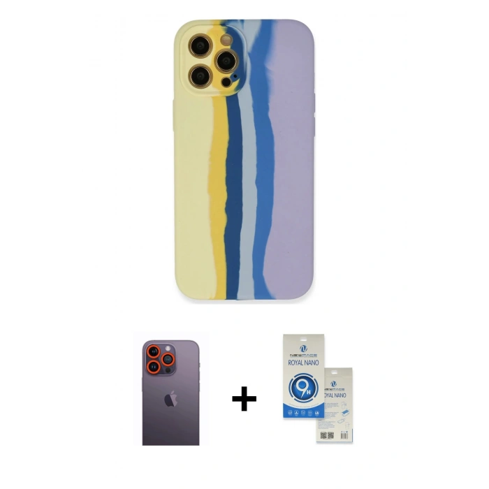 MARSİLYAN™- iPhone 12 Pro Max Kılıf Yadigar Çizgi - Şeffaf Royal Nano Ekran Koruyucu + Neon Fosforlu Kamera Lens - TU