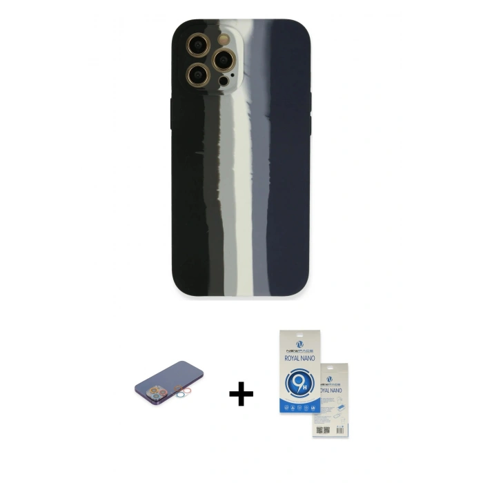 MARSİLYAN™- iPhone 12 Pro Max Kılıf Yadigar Çizgi - Şeffaf Royal Nano Ekran Koruyucu + Renkli Kamera Lens Koruma Cam - PE