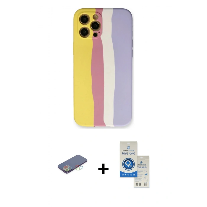 MARSİLYAN™- iPhone 12 Pro Max Kılıf Yadigar Çizgi - Şeffaf Royal Nano Ekran Koruyucu + Renkli Kamera Lens Koruma Cam - MI