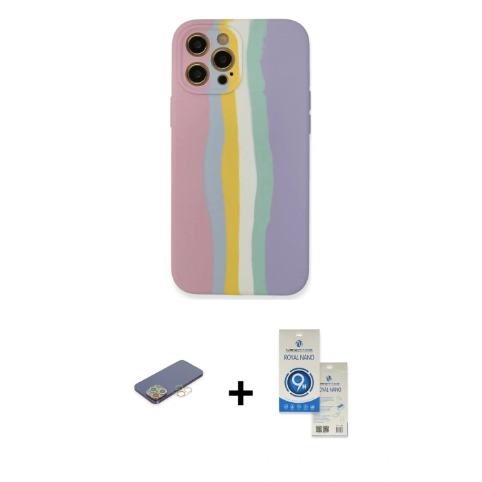 MARSİLYAN™- iPhone 12 Pro Max Kılıf Yadigar Çizgi - Şeffaf Royal Nano Ekran Koruyucu + Sarı Renkli Kamera Lens Koruma Cam