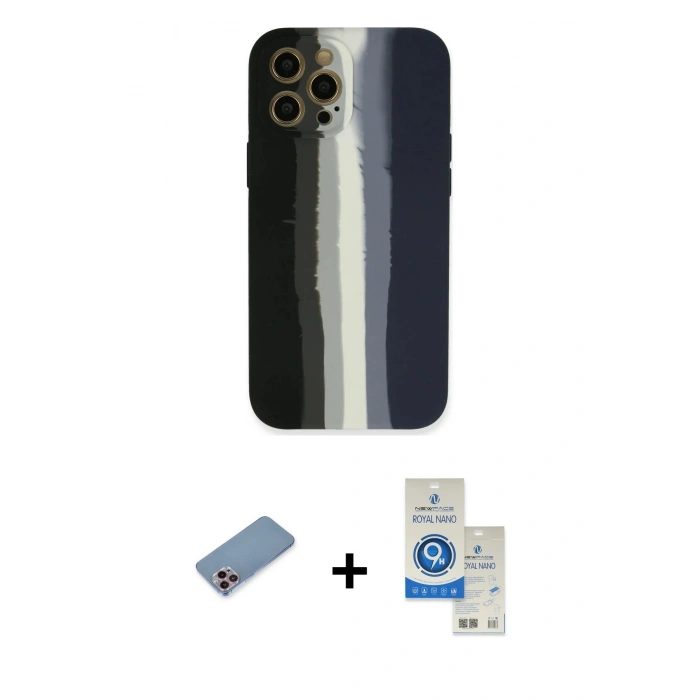 MARSİLYAN™- iPhone 12 Pro Max Kılıf Yadigar Çizgi - Şeffaf Royal Nano Ekran Koruyucu + Shine Kamera Lens Koruma Cam - PE
