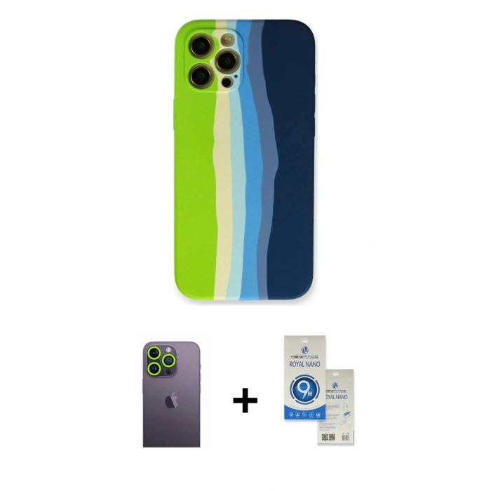 MARSİLYAN™- iPhone 12 Pro Max Kılıf Yadigar Çizgi - Şeffaf Royal Nano Ekran Koruyucu + Neon Fosforlu Kamera Lens - YL