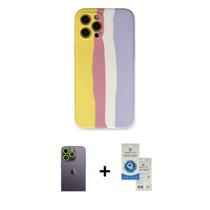 MARSİLYAN™- iPhone 12 Pro Max Kılıf Yadigar Çizgi - Şeffaf Royal Nano Ekran Koruyucu + Neon Fosforlu Kamera Lens - YL