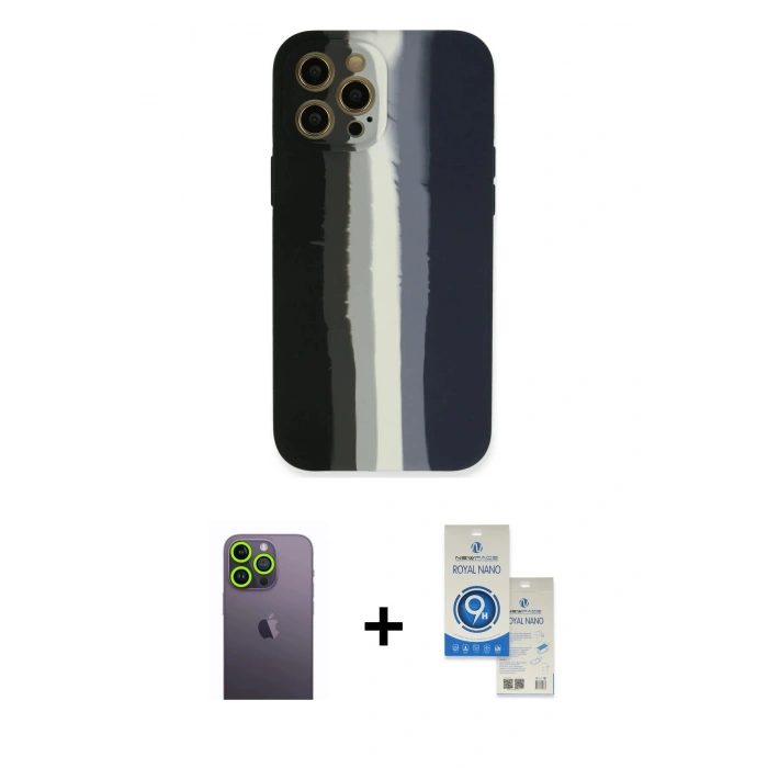 MARSİLYAN™- iPhone 12 Pro Max Kılıf Yadigar Çizgi - Şeffaf Royal Nano Ekran Koruyucu + Neon Fosforlu Kamera Lens - YL