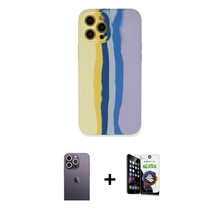 MARSİLYAN™- iPhone 12 Pro Max Kılıf Yadigar Çizgi - Şeffaf Temperli Cam Ekran Koruyucu + Neon Fosforlu Kamera Lens - BZ