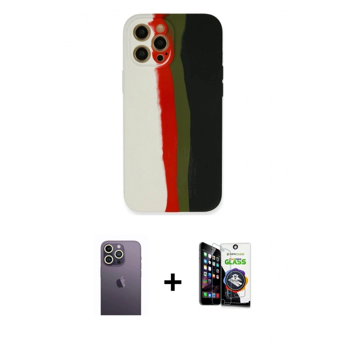 MARSİLYAN™- iPhone 12 Pro Max Kılıf Yadigar Çizgi - Şeffaf Temperli Cam Ekran Koruyucu + Neon Fosforlu Kamera Lens - BZ