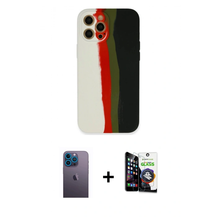 MARSİLYAN™- iPhone 12 Pro Max Kılıf Yadigar Çizgi - Şeffaf Temperli Cam Ekran Koruyucu + Neon Fosforlu Kamera Lens - MI