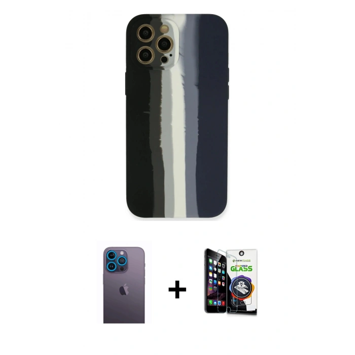 MARSİLYAN™- iPhone 12 Pro Max Kılıf Yadigar Çizgi - Şeffaf Temperli Cam Ekran Koruyucu + Neon Fosforlu Kamera Lens - MI