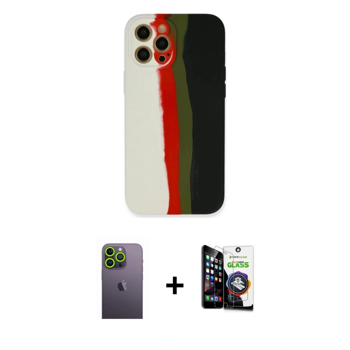 MARSİLYAN™- iPhone 12 Pro Max Kılıf Yadigar Çizgi - Şeffaf Temperli Cam Ekran Koruyucu + Neon Fosforlu Kamera Lens - YL