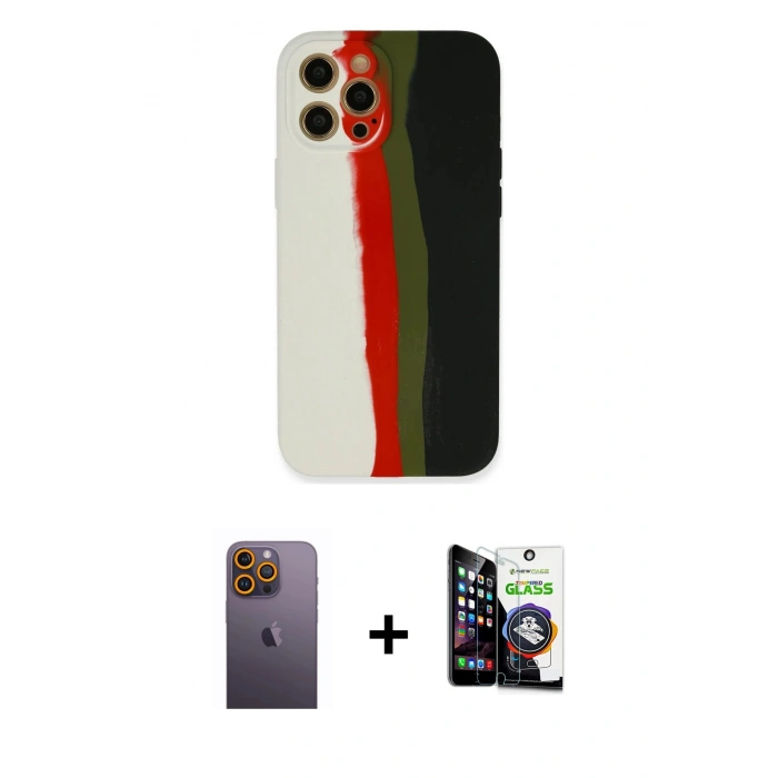 MARSİLYAN™- iPhone 12 Pro Max Kılıf Yadigar Çizgi - Şeffaf Temperli Cam Ekran Koruyucu + Neon Fosforlu Kamera Lens - SI