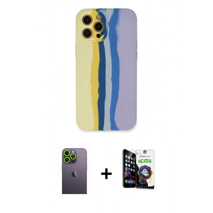 MARSİLYAN™- iPhone 12 Pro Max Kılıf Yadigar Çizgi - Şeffaf Temperli Cam Ekran Koruyucu + Neon Fosforlu Kamera Lens - YL