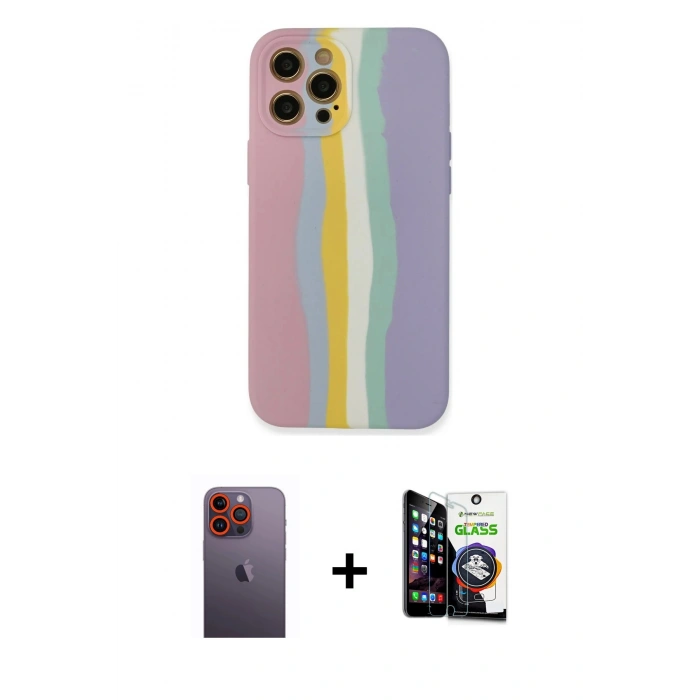 MARSİLYAN™- iPhone 12 Pro Max Kılıf Yadigar Çizgi - Şeffaf Temperli Cam Ekran Koruyucu + Neon Fosforlu Kamera Lens - TU