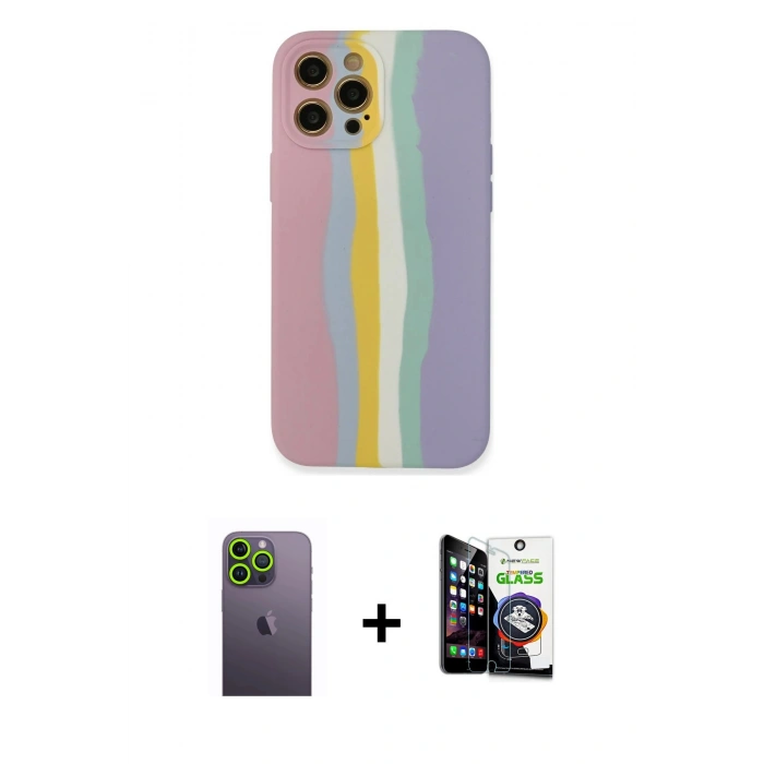 MARSİLYAN™- iPhone 12 Pro Max Kılıf Yadigar Çizgi - Şeffaf Temperli Cam Ekran Koruyucu + Neon Fosforlu Kamera Lens - YL