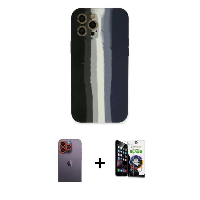 MARSİLYAN™- iPhone 12 Pro Max Kılıf Yadigar Çizgi - Şeffaf Temperli Cam Ekran Koruyucu + Neon Fosforlu Kamera Lens - TU