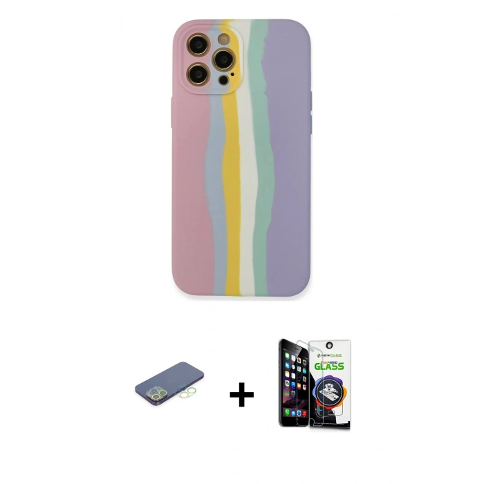 MARSİLYAN™- iPhone 12 Pro Max Kılıf Yadigar Çizgi - Şeffaf Temperli Cam Ekran Koruyucu + Renkli Kamera Lens Koruma Cam - YL