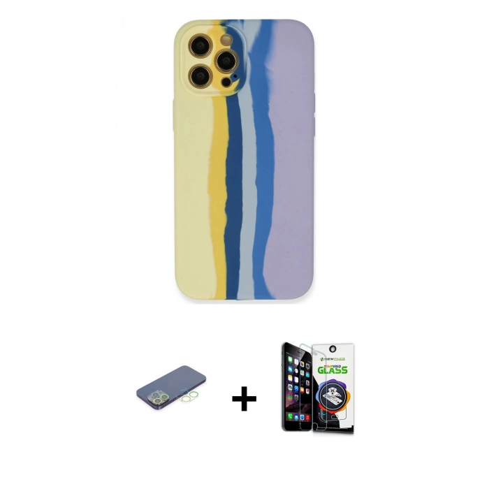 MARSİLYAN™- iPhone 12 Pro Max Kılıf Yadigar Çizgi - Şeffaf Temperli Cam Ekran Koruyucu + Renkli Kamera Lens Koruma Cam - YL