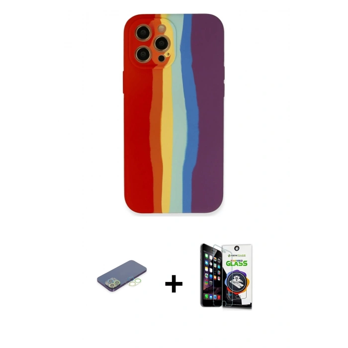 MARSİLYAN™- iPhone 12 Pro Max Kılıf Yadigar Çizgi - Şeffaf Temperli Cam Ekran Koruyucu + Renkli Kamera Lens Koruma Cam - YL