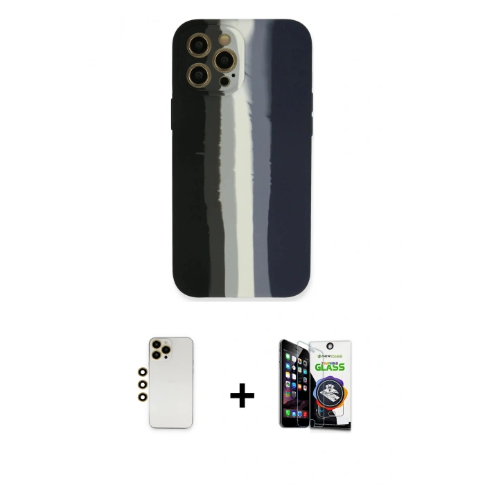 MARSİLYAN™- iPhone 12 Pro Max Kılıf Yadigar Çizgi - Şeffaf Temperli Cam Ekran Koruyucu + Shine Kamera Lens - GD