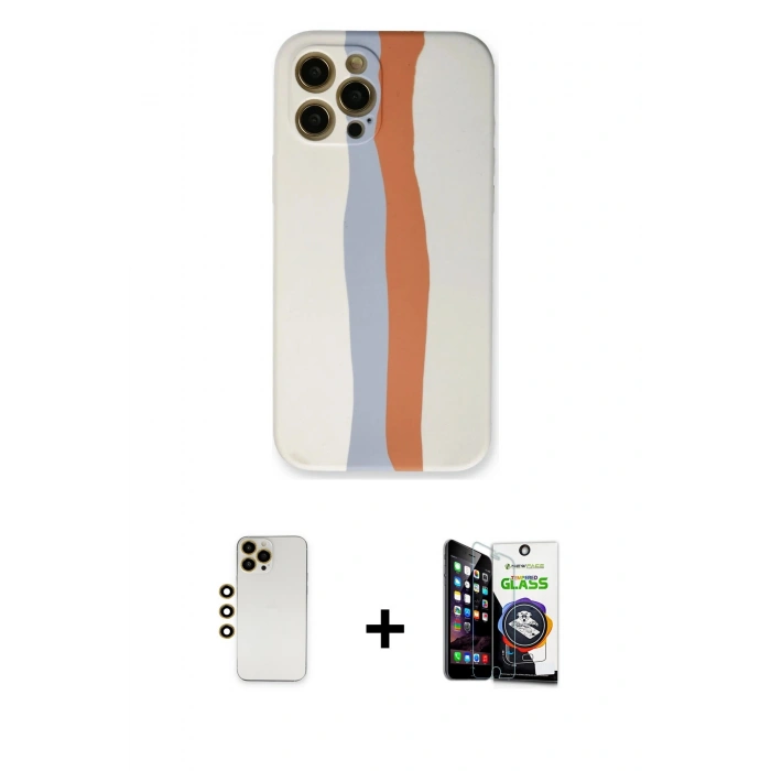 MARSİLYAN™- iPhone 12 Pro Max Kılıf Yadigar Çizgi - Şeffaf Temperli Cam Ekran Koruyucu + Shine Kamera Lens - GD