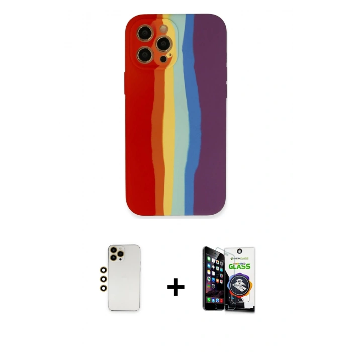 MARSİLYAN™- iPhone 12 Pro Max Kılıf Yadigar Çizgi - Şeffaf Temperli Cam Ekran Koruyucu + Shine Kamera Lens - GD