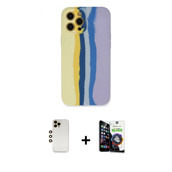 MARSİLYAN™- iPhone 12 Pro Max Kılıf Yadigar Çizgi - Şeffaf Temperli Cam Ekran Koruyucu + Shine Kamera Lens - GD