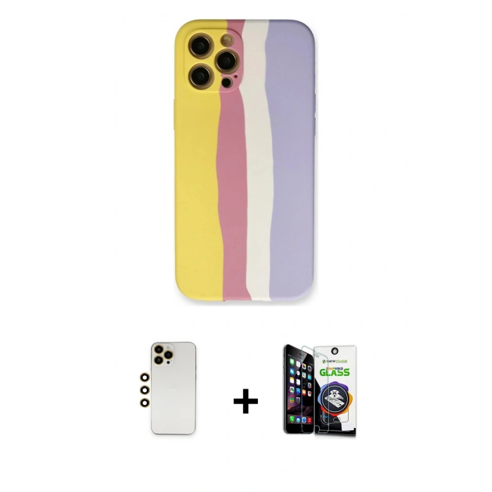 MARSİLYAN™- iPhone 12 Pro Max Kılıf Yadigar Çizgi - Şeffaf Temperli Cam Ekran Koruyucu + Shine Kamera Lens - GD