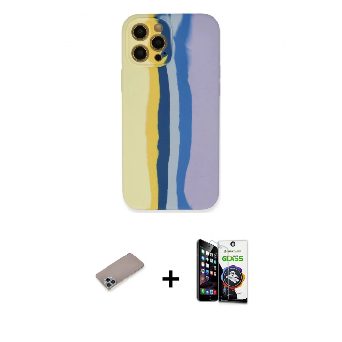 MARSİLYAN™- iPhone 12 Pro Max Kılıf Yadigar Çizgi - Şeffaf Temperli Cam Ekran Koruyucu + Sierra Blue Shine Kamera Lens Koruma Cam