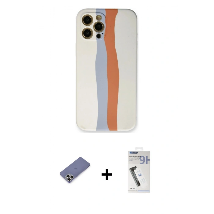 MARSİLYAN™- iPhone 12 Pro Max Kılıf Yadigar Çizgi - Şeffaf Uv Polymer Nano Ekran Koruyucu + Gold Metal Kamera Lens Koruma Cam