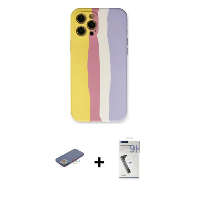 MARSİLYAN™- iPhone 12 Pro Max Kılıf Yadigar Çizgi - Şeffaf Uv Polymer Nano Ekran Koruyucu + Renkli Kamera Lens Koruma Cam - MI
