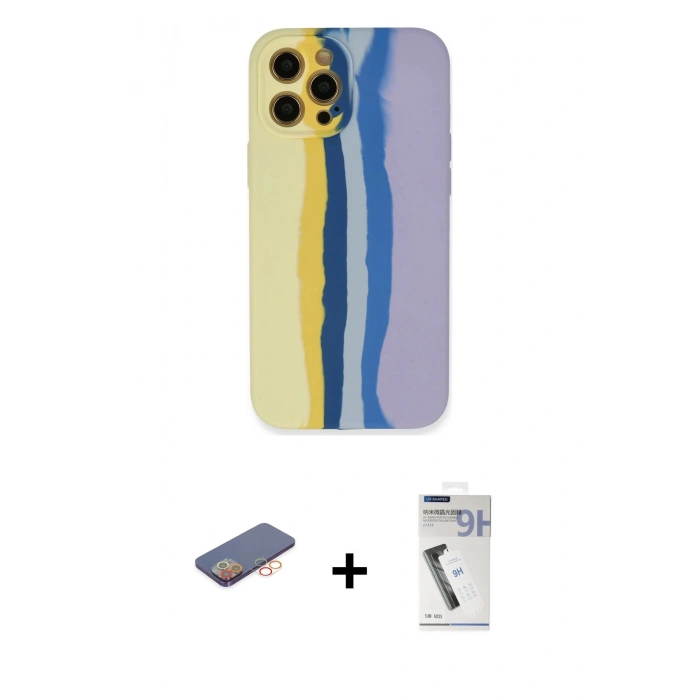 MARSİLYAN™- iPhone 12 Pro Max Kılıf Yadigar Çizgi - Şeffaf Uv Polymer Nano Ekran Koruyucu + Renkli Kamera Lens Koruma Cam - TU