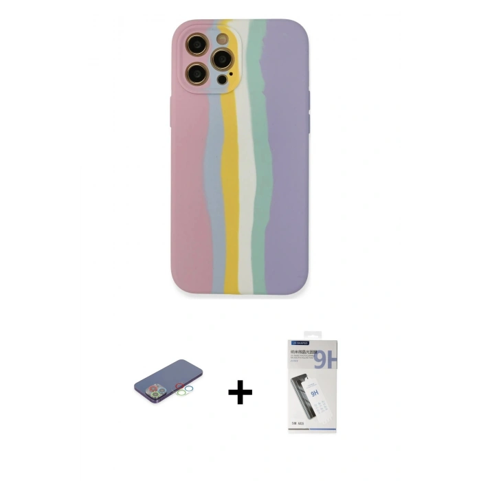 MARSİLYAN™- iPhone 12 Pro Max Kılıf Yadigar Çizgi - Şeffaf Uv Polymer Nano Ekran Koruyucu + Renkli Kamera Lens Koruma Cam - MI