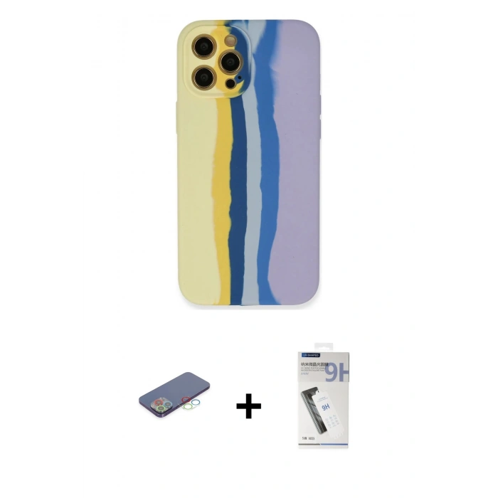 MARSİLYAN™- iPhone 12 Pro Max Kılıf Yadigar Çizgi - Şeffaf Uv Polymer Nano Ekran Koruyucu + Renkli Kamera Lens Koruma Cam - MI