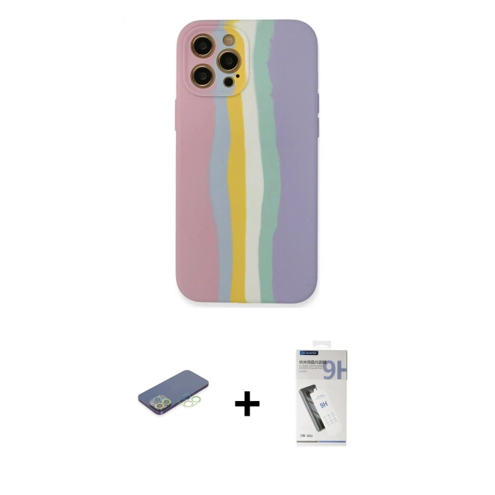 MARSİLYAN™- iPhone 12 Pro Max Kılıf Yadigar Çizgi - Şeffaf Uv Polymer Nano Ekran Koruyucu + Renkli Kamera Lens Koruma Cam - YL