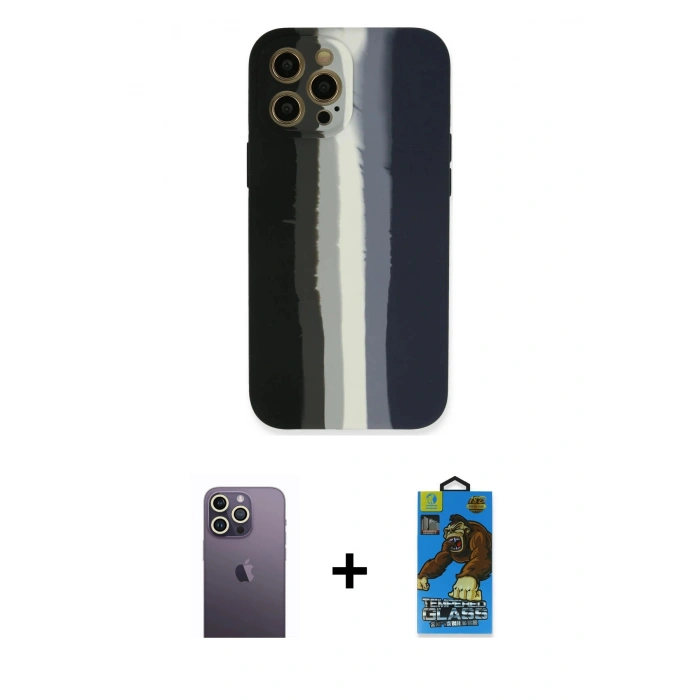 MARSİLYAN™- iPhone 12 Pro Max Kılıf Yadigar Çizgi - Siyah 18D Cam Ekran Koruyucu + Neon Fosforlu Kamera Lens - BZ