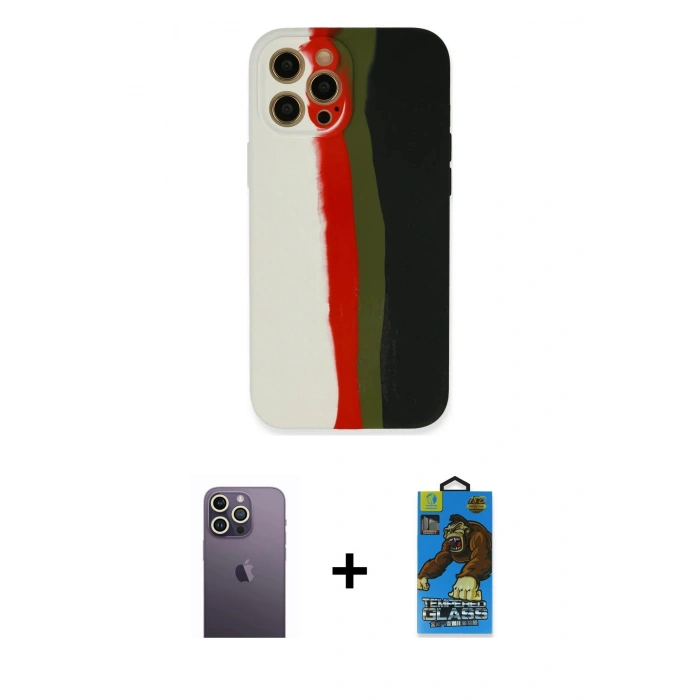 MARSİLYAN™- iPhone 12 Pro Max Kılıf Yadigar Çizgi - Siyah 18D Cam Ekran Koruyucu + Neon Fosforlu Kamera Lens - BZ