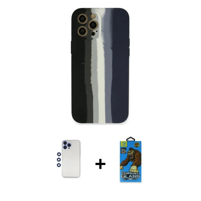MARSİLYAN™- iPhone 12 Pro Max Kılıf Yadigar Çizgi - Siyah 18D Cam Ekran Koruyucu + Lacivert Shine Kamera Lens