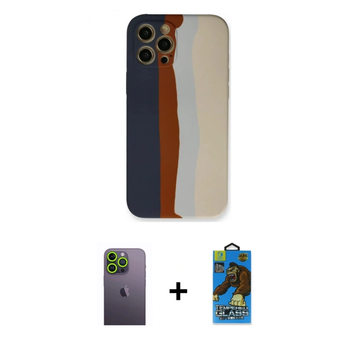 MARSİLYAN™- iPhone 12 Pro Max Kılıf Yadigar Çizgi - Siyah 18D Cam Ekran Koruyucu + Neon Fosforlu Kamera Lens - YL