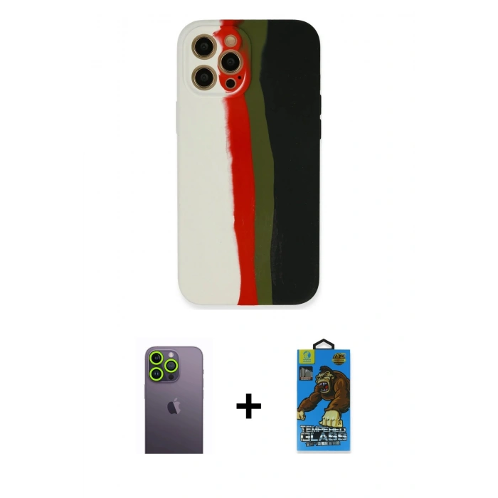 MARSİLYAN™- iPhone 12 Pro Max Kılıf Yadigar Çizgi - Siyah 18D Cam Ekran Koruyucu + Neon Fosforlu Kamera Lens - YL