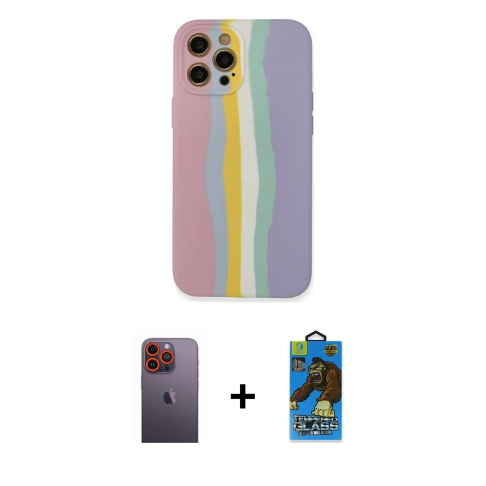 MARSİLYAN™- iPhone 12 Pro Max Kılıf Yadigar Çizgi - Siyah 18D Cam Ekran Koruyucu + Neon Fosforlu Kamera Lens - TU