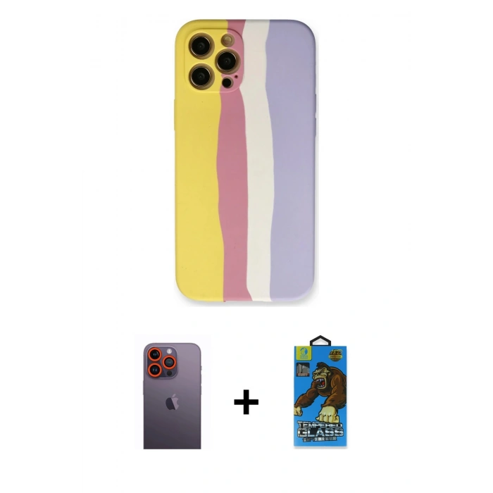 MARSİLYAN™- iPhone 12 Pro Max Kılıf Yadigar Çizgi - Siyah 18D Cam Ekran Koruyucu + Neon Fosforlu Kamera Lens - TU