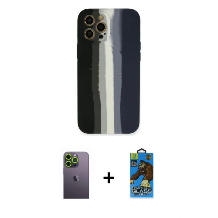 MARSİLYAN™- iPhone 12 Pro Max Kılıf Yadigar Çizgi - Siyah 18D Cam Ekran Koruyucu + Neon Fosforlu Kamera Lens - YL