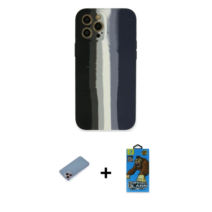 MARSİLYAN™- iPhone 12 Pro Max Kılıf Yadigar Çizgi - Siyah 18D Cam Ekran Koruyucu + Pembe Shine Kamera Lens Koruma Cam