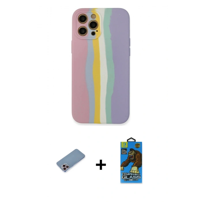 MARSİLYAN™- iPhone 12 Pro Max Kılıf Yadigar Çizgi - Siyah 18D Cam Ekran Koruyucu + Pembe Shine Kamera Lens Koruma Cam