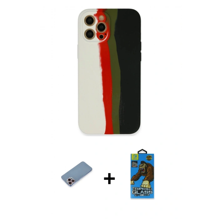 MARSİLYAN™- iPhone 12 Pro Max Kılıf Yadigar Çizgi - Siyah 18D Cam Ekran Koruyucu + Pembe Shine Kamera Lens Koruma Cam