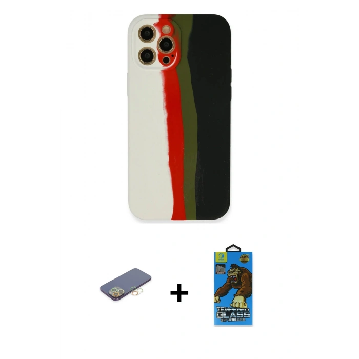 MARSİLYAN™- iPhone 12 Pro Max Kılıf Yadigar Çizgi - Siyah 18D Cam Ekran Koruyucu + Renkli Kamera Lens Koruma Cam - SI