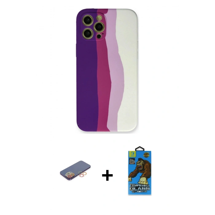 MARSİLYAN™- iPhone 12 Pro Max Kılıf Yadigar Çizgi - Siyah 18D Cam Ekran Koruyucu + Renkli Kamera Lens Koruma Cam - TU