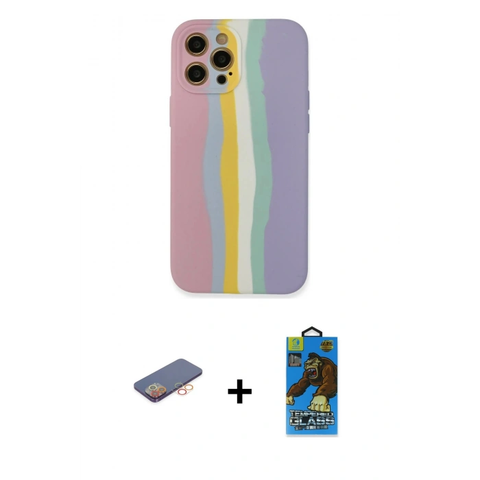 MARSİLYAN™- iPhone 12 Pro Max Kılıf Yadigar Çizgi - Siyah 18D Cam Ekran Koruyucu + Renkli Kamera Lens Koruma Cam - TU