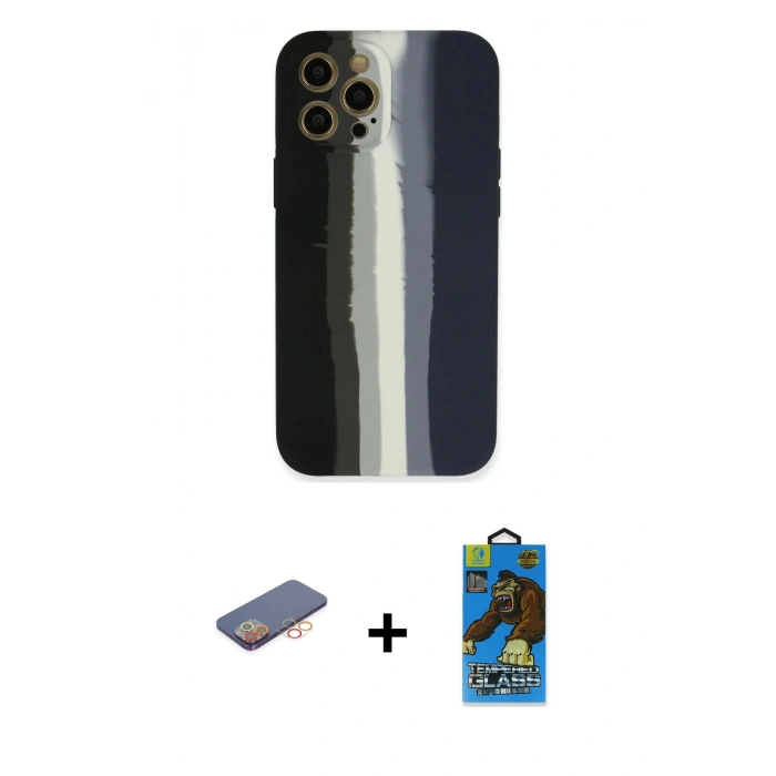 MARSİLYAN™- iPhone 12 Pro Max Kılıf Yadigar Çizgi - Siyah 18D Cam Ekran Koruyucu + Renkli Kamera Lens Koruma Cam - TU
