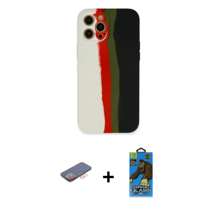 MARSİLYAN™- iPhone 12 Pro Max Kılıf Yadigar Çizgi - Siyah 18D Cam Ekran Koruyucu + Renkli Kamera Lens Koruma Cam - TU